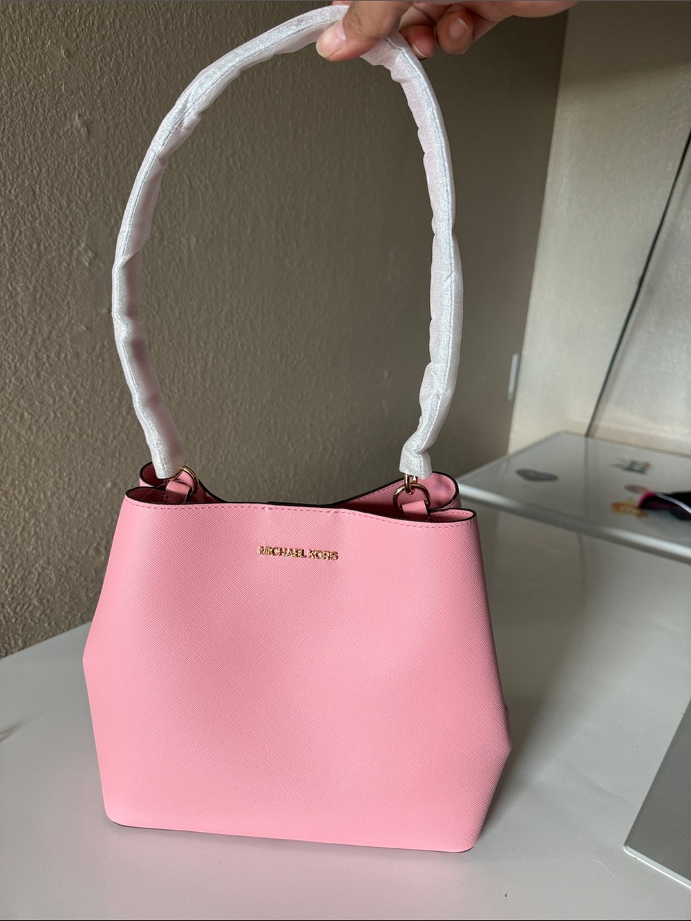 Michael Kors Pink Saffiano Tote Shoulder Bag with Gold Logo